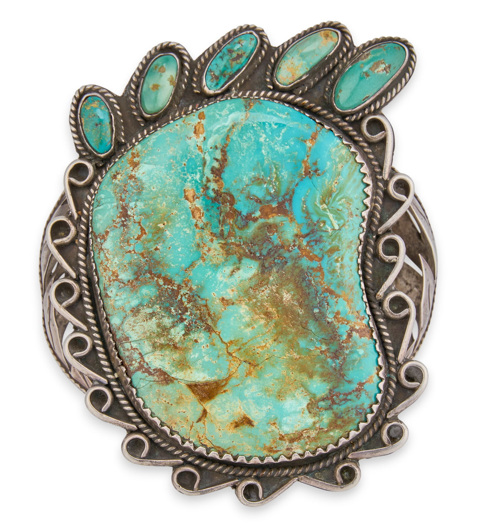 Substantial Sterling & Turquoise Bear Paw Cuff: Substantial sterling silver bear paw motif cuff bracelet, set with large turquoise stone below five smaller turquoise cabochons, and featuring twisted rope and leaf motifsCircumference: 7 in. Total