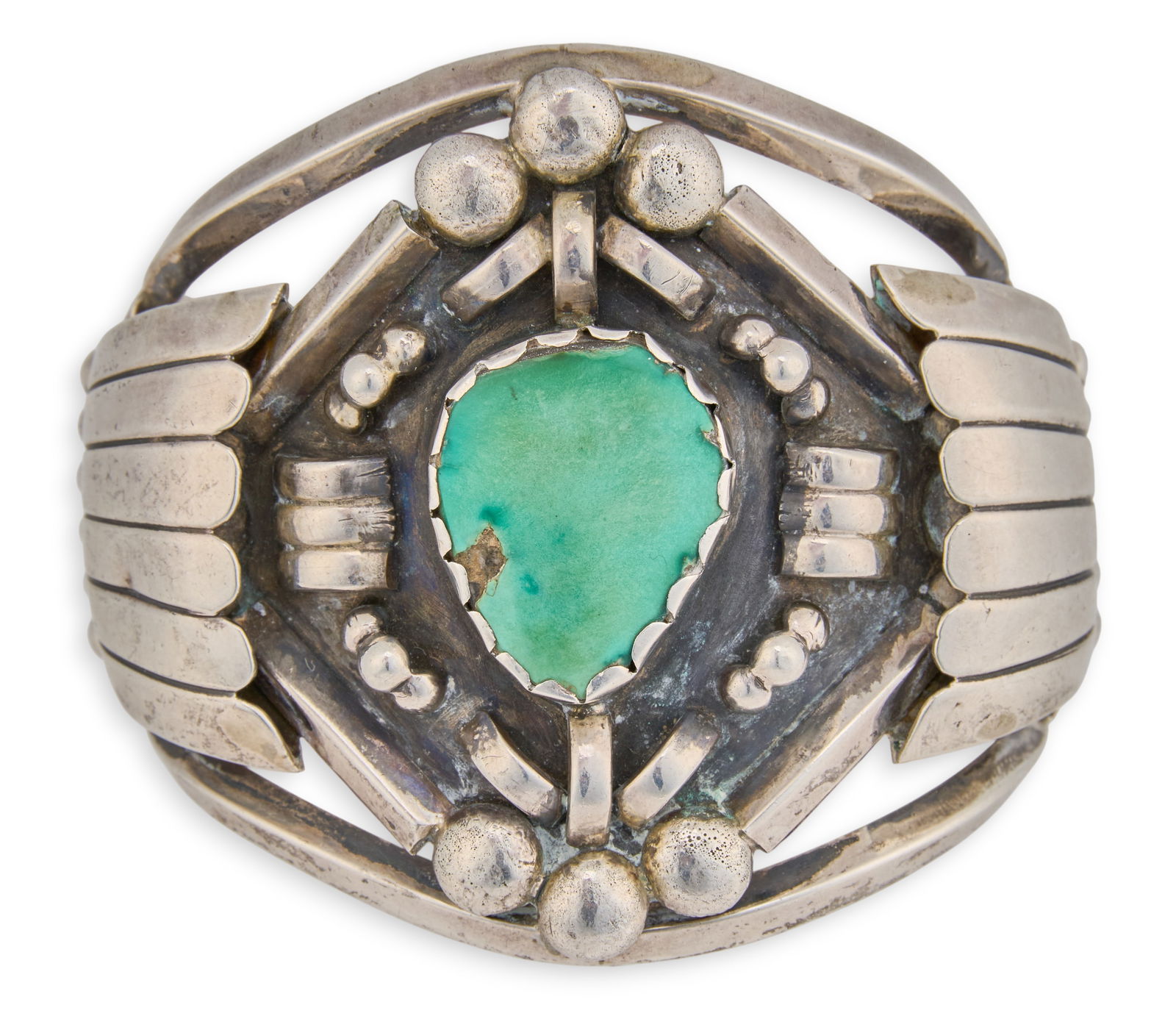 Sterling Silver & Turquoise Cuff: Sterling silver cuff bracelet set with single sea green turquoise stone, marked "ELL" Circumference: 6.5 in.Total weight: 3.67 ozt Provenance: Property from a home in San Antonio, Texas