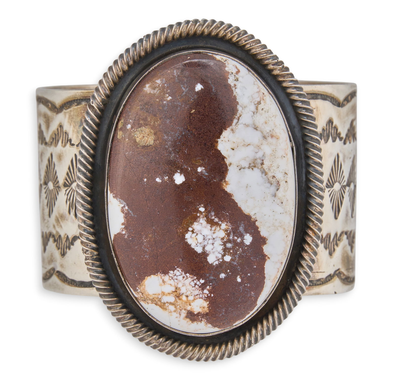 Sterling & Wild Horse Magnesite Cuff: Native American sterling silver cuff bracelet, set with large wild horse magnesite, featuring twisted rope motif and stamped details throughout, marked "JG" and