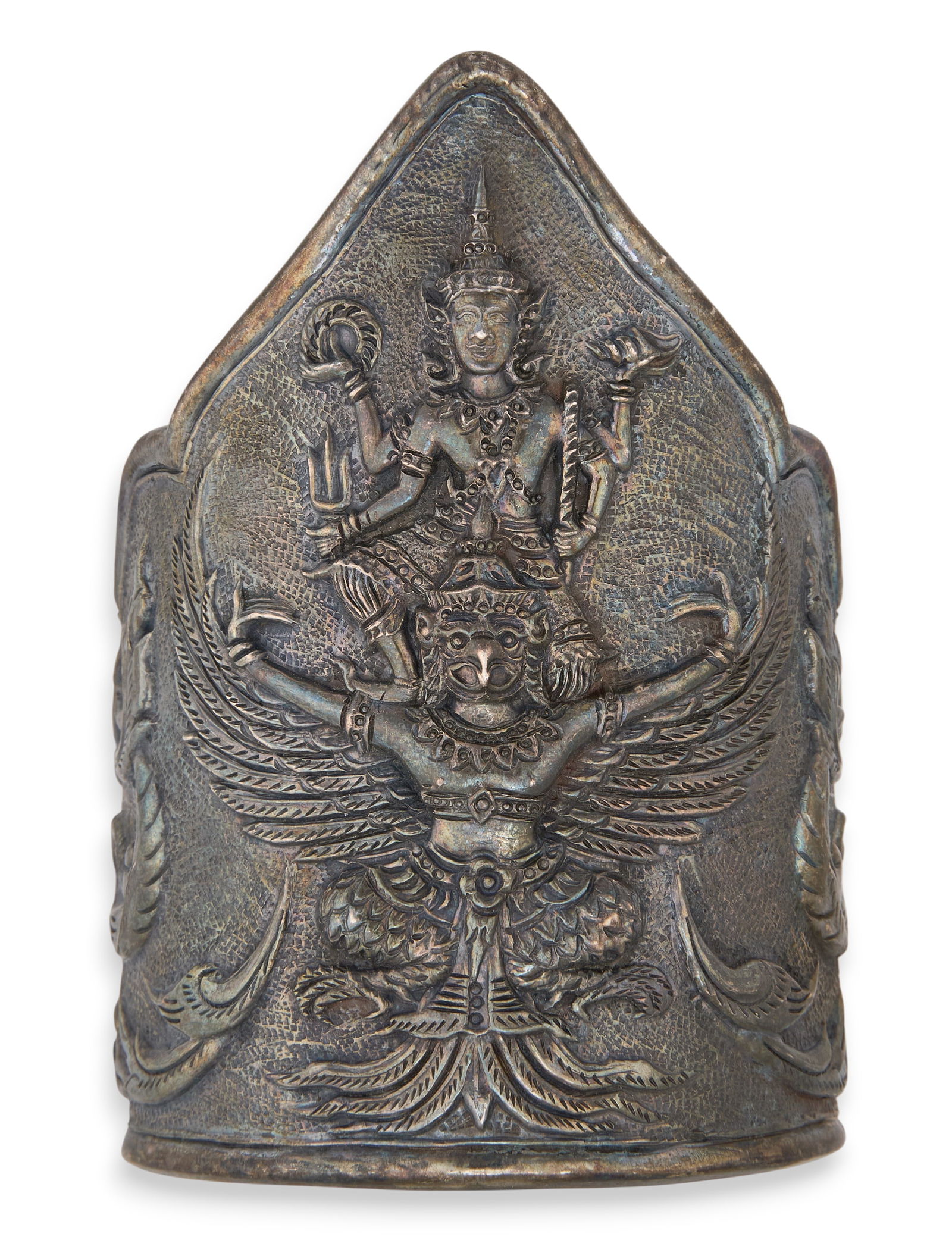 Thai Sterling Silver Hindu God Cuff Bracelet: Thai sterling silver cuff bracelet, with repousse design depicting Hindu gods, marked "SIAM Sterling" Circumference: 7 in.Total weight: 2.375 ozt