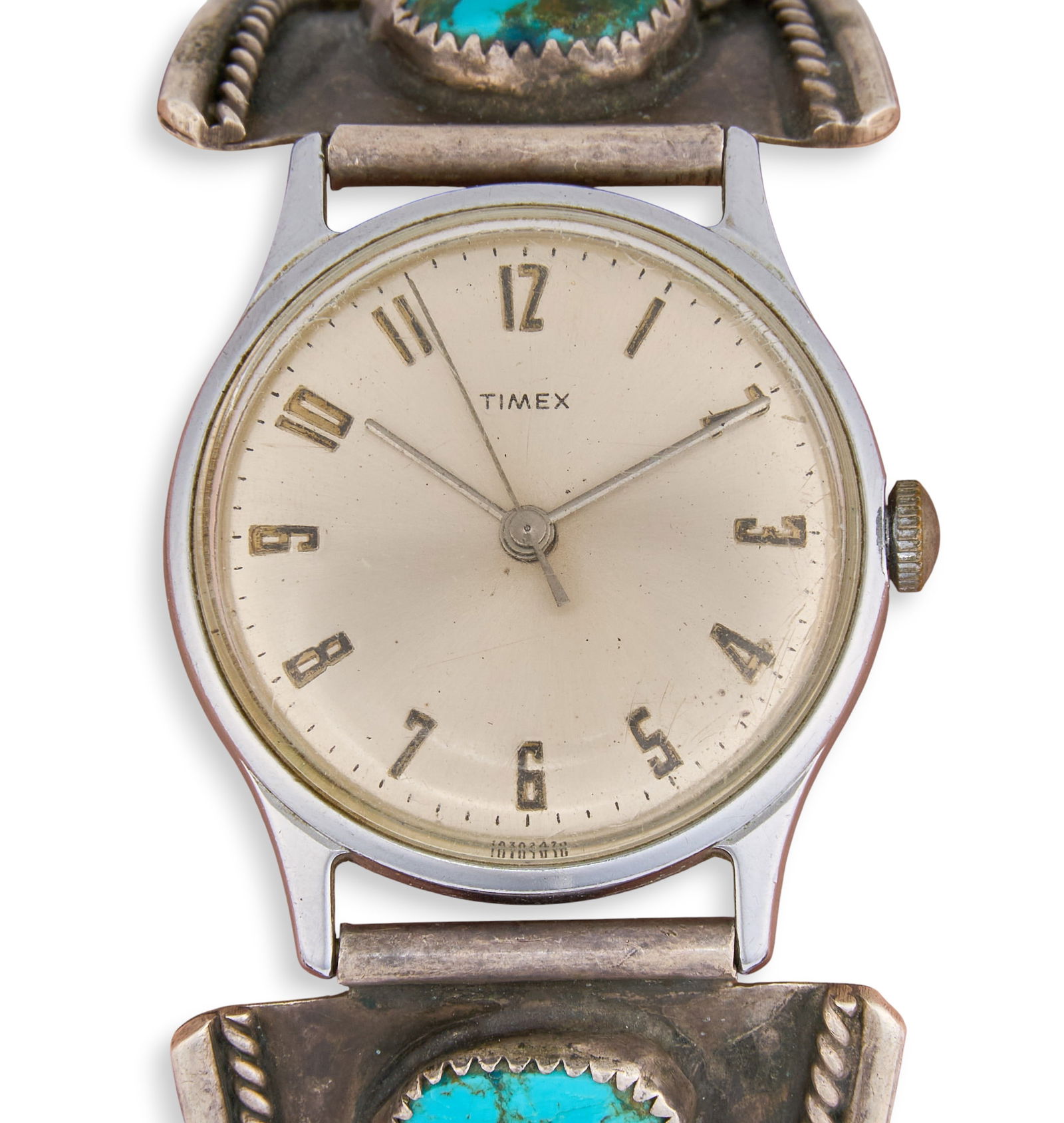 Sterling Silver Turquoise & Coral Watch Cuff: Sterling silver watch cuff, set with turquoise and coral stones and featuring twisted rope and feather motifs, with stainless steel Timex watch face and back, signed "BM"Circumference: 7