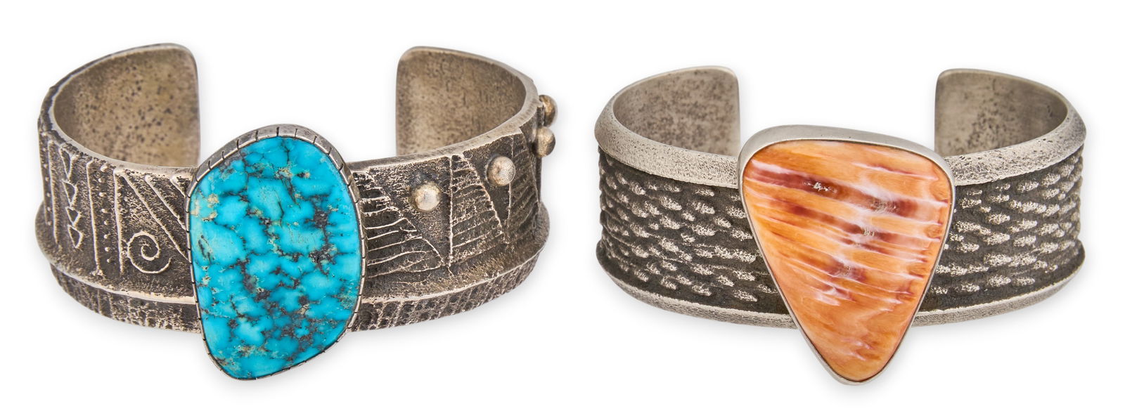 (2) Native American Tufa Sterling Silver Cuffs: Two Native American tufa sterling silver cuff bracelets, one set with turquoise stone by Monty Claw (Navajo), and one set with brushed spiny oyster, both marked by maker and