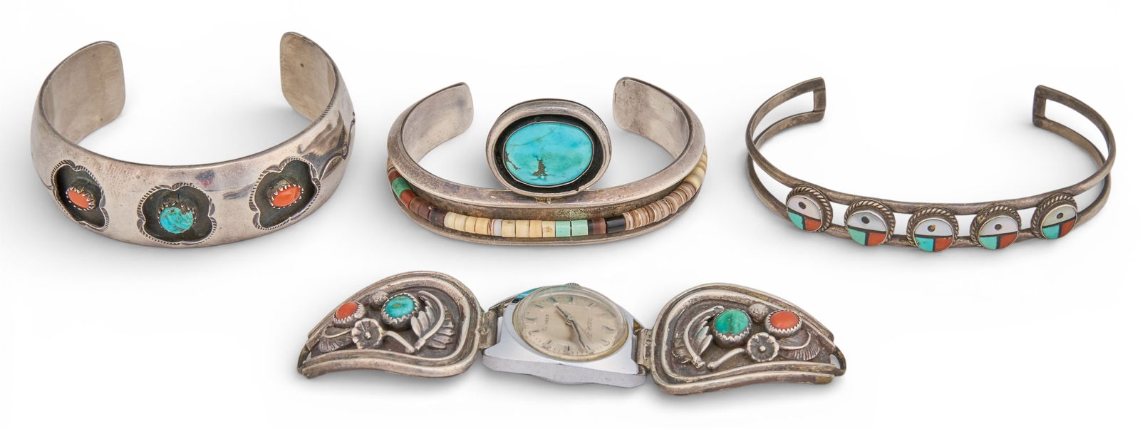 (3) Sterling & Multi-Stone Cuffs and Watch Band: Collection of three sterling silver cuffs and one watch band with multi-stone settings, featuring turquoise, shell, mother of pearl, and coral, watch band signed "AG"Length: 7 in. / largest