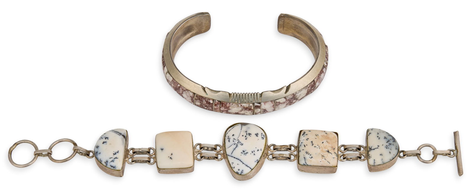 (2) Sterling Silver Bracelets: Two sterling silver bracelets to include Steve Francisco cuff, featuring inlaid wild horse magnesite and stamped details, and link bracelet set with dendritic opal and toggle closure, both