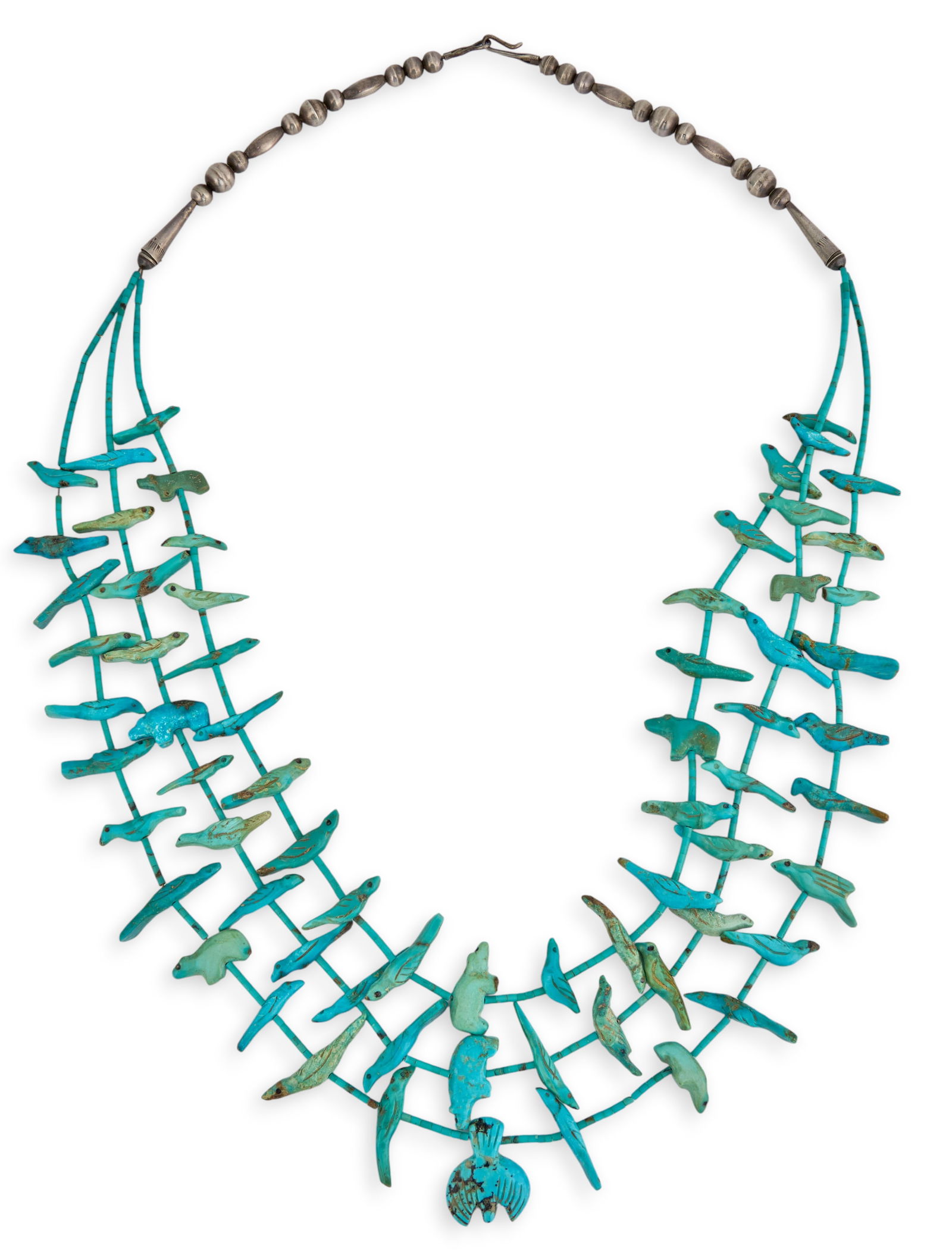 Adam Fortunate Eagle, Turquoise Fetish Necklace: Adam Fortunate Eagle (b. 1929, Red Lake Reservation, MN), beaded turquoise fetish necklace, with three strands of turquoise beads, includes letter from the artist indicating sale of the necklace,