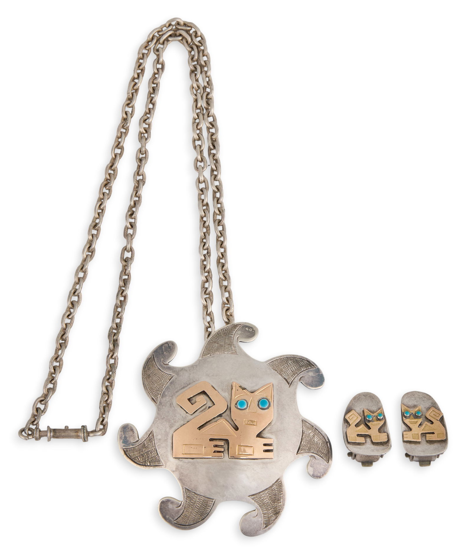 Old Cuzco Sterling & 10K Jewelry Set: Old Cuzco sterling silver jewelry suite to include necklace and earrings, each depicting cat motif set in 10K yellow gold (tested), with small round turquoise cabochons to eyes, each piece