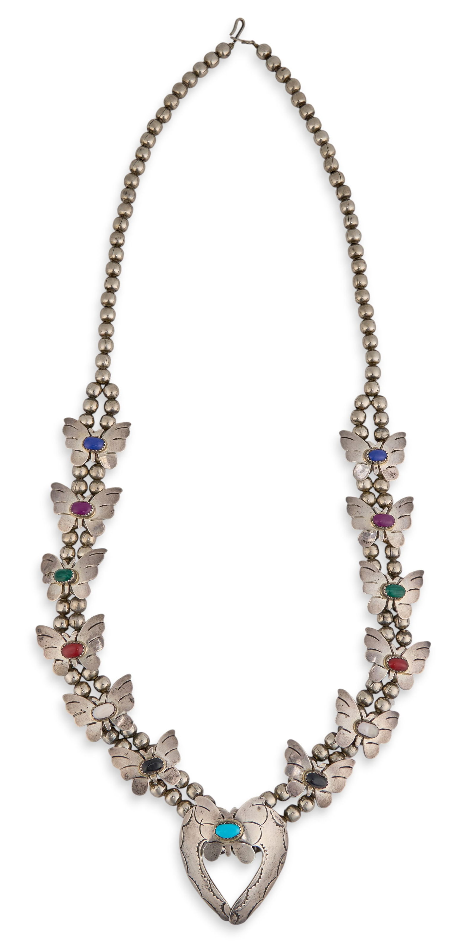 Sterling & Multi-Stone Butterfly Necklace: Native American sterling silver butterfly motif necklace, with multi-stone cabochons throughout, marked "RC" and "Sterling"Length: 28 in. Total weight: 4.185 oztProvenance: