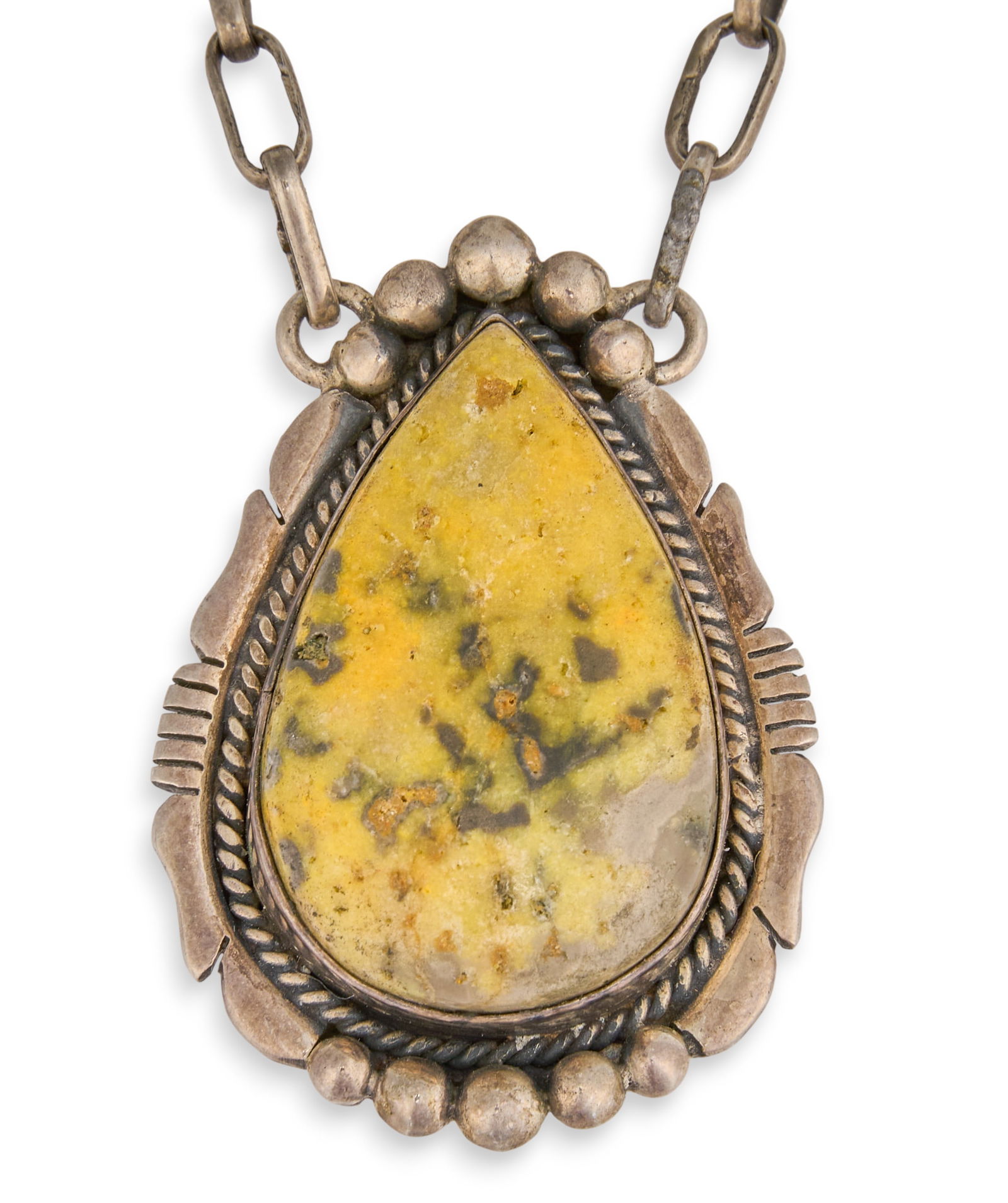 Native American Sterling & Jasper Necklace: Native American sterling silver pendant necklace, set with pear-shaped jasper, and marked "Sterling"Length: 19 in. Total weight: 1.23 oztProvenance: Property from the personal collection of