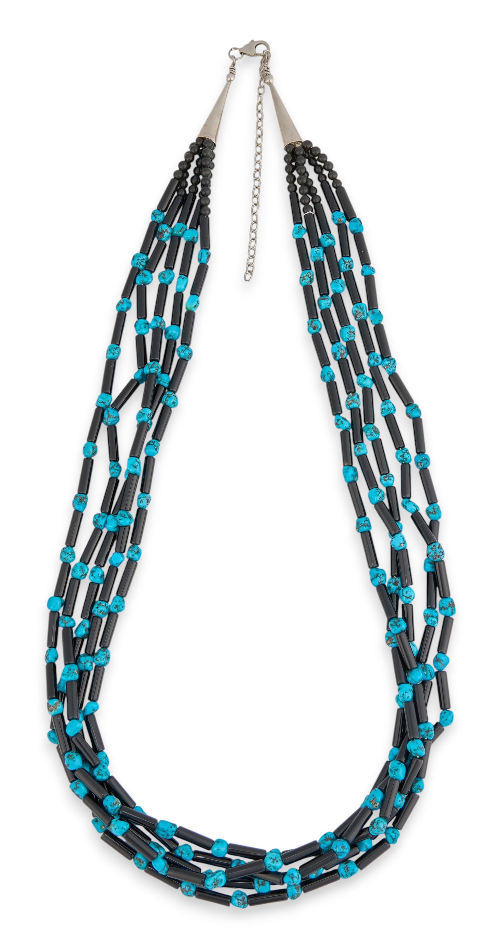 Navajo Turquoise & Jet Beaded Necklace: Navajo turquoise and jet beaded necklace, with five strands of beads, sterling silver clasp marked "925" Length: 30 in.Total weight: 3.135 ozt