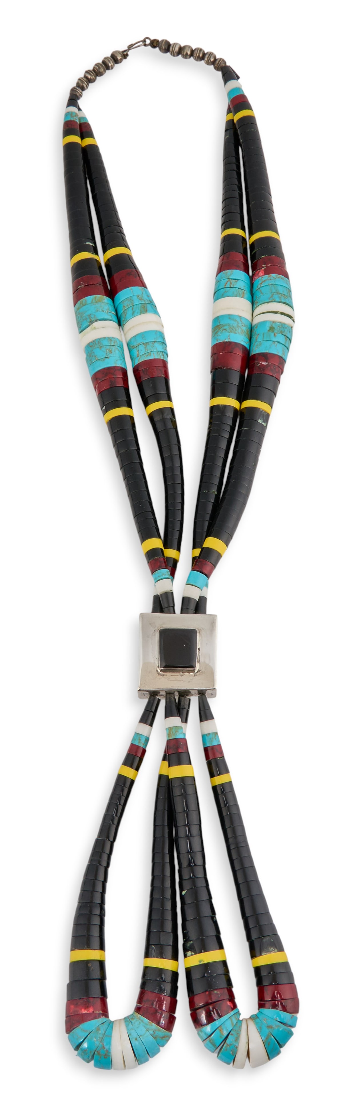 Multi-Stone Heishi Flat-Beaded Necklace: Native American Santo Domingo Pueblo heishi beaded necklace, featuring flat turquoise, onyx, and shell beads, with silver detail featuring inlaid square onyx, and hook and eye closure Length: 42 in.To