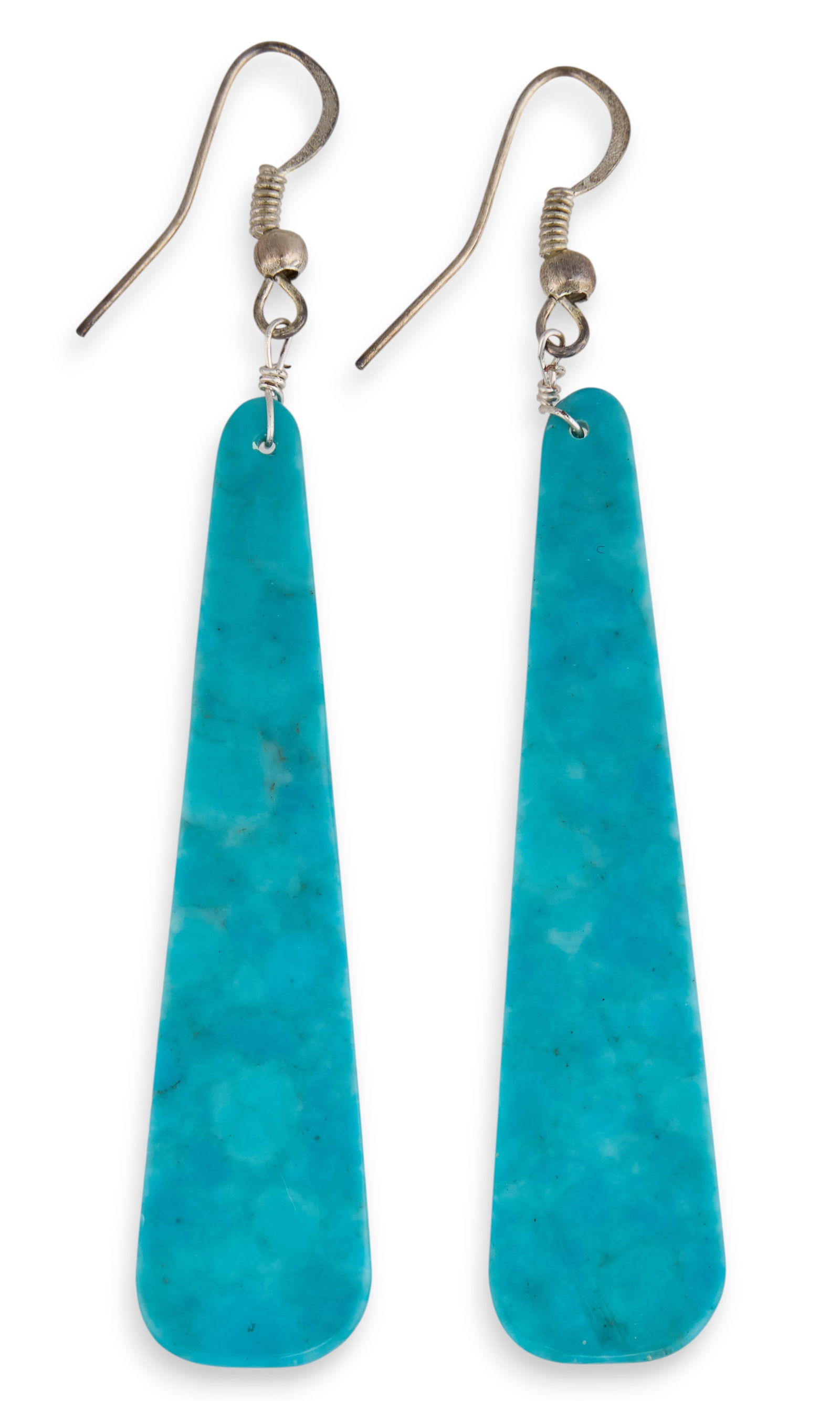 Sterling & Turquoise Slab Earrings: Pair of sterling silver and turquoise slab earrings Length: 3 in.Total weight: 3.8 g Provenance: Property from a home in San Antonio, Texas