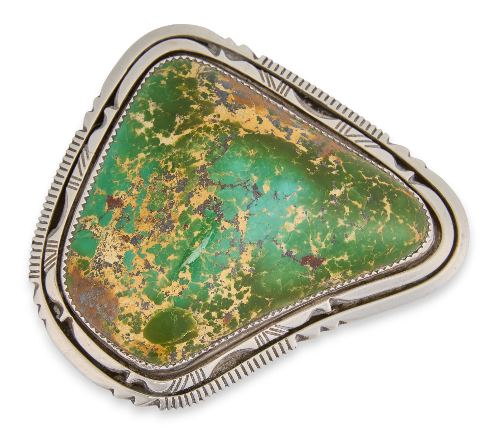 WJ Johnson, Sterling & Royston Turquoise Brooch: William J. Johnson, Navajo sterling silver brooch set with large Royston turquoise stone, with stamped details, marked "WJ Johnson Sterling" Size: 3 in. x 2.5 in.Total weight: 2.84 ozt