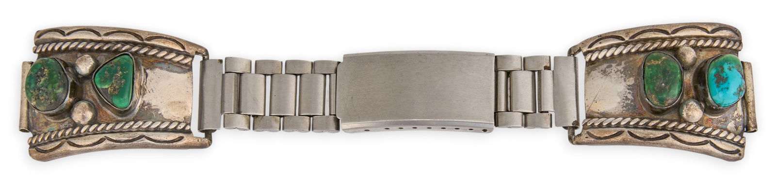 David F. Garcia, Sterling & Turquoise Watch Band: David F. Garcia, sterling silver watch band, set with turquoise stones, with stainless steel band, signed "David F. Garcia"Length: 6.25 in. Total weight: 1.72