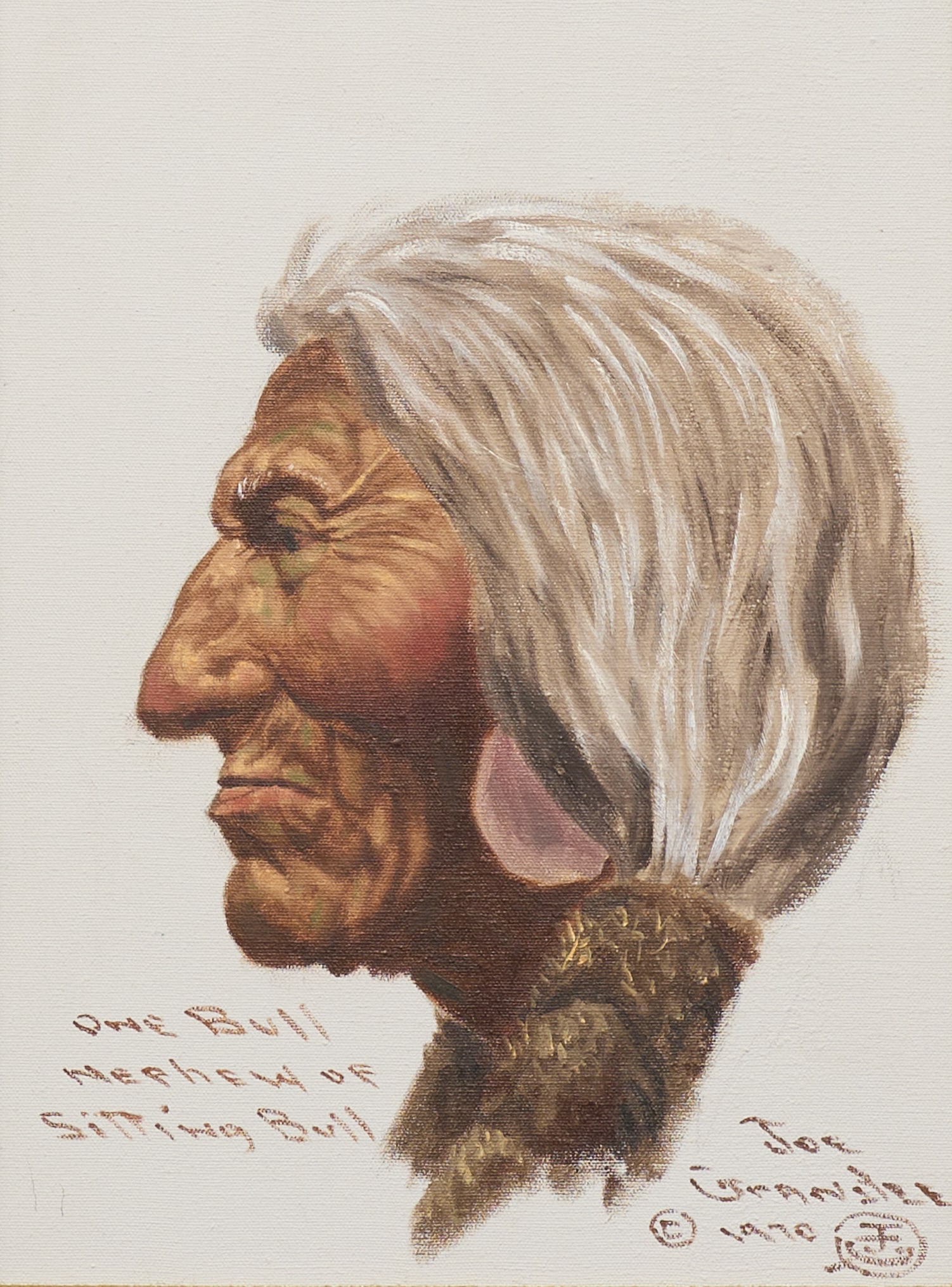 Joe Grandee, "One Bull, Nephew of Sitting Bull": Joe Ruiz Grandee (American, 1929-2021), "One Bull, Nephew of Sitting Bull", oil on canvas, signed and dated lower right, 1970, titled lower leftsight: 16 x 12 in., frame: 24 x 20