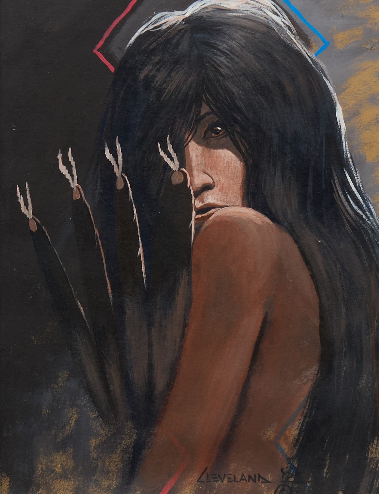 Frederick Cleveland, Native Portrait: Frederick (Kayannii Nez Begay) Cleveland(Arizona, b. 1943), portrait of a Native American woman, oil or gouache on paper, signed and dated lower right, '93sight: 13.5 x
