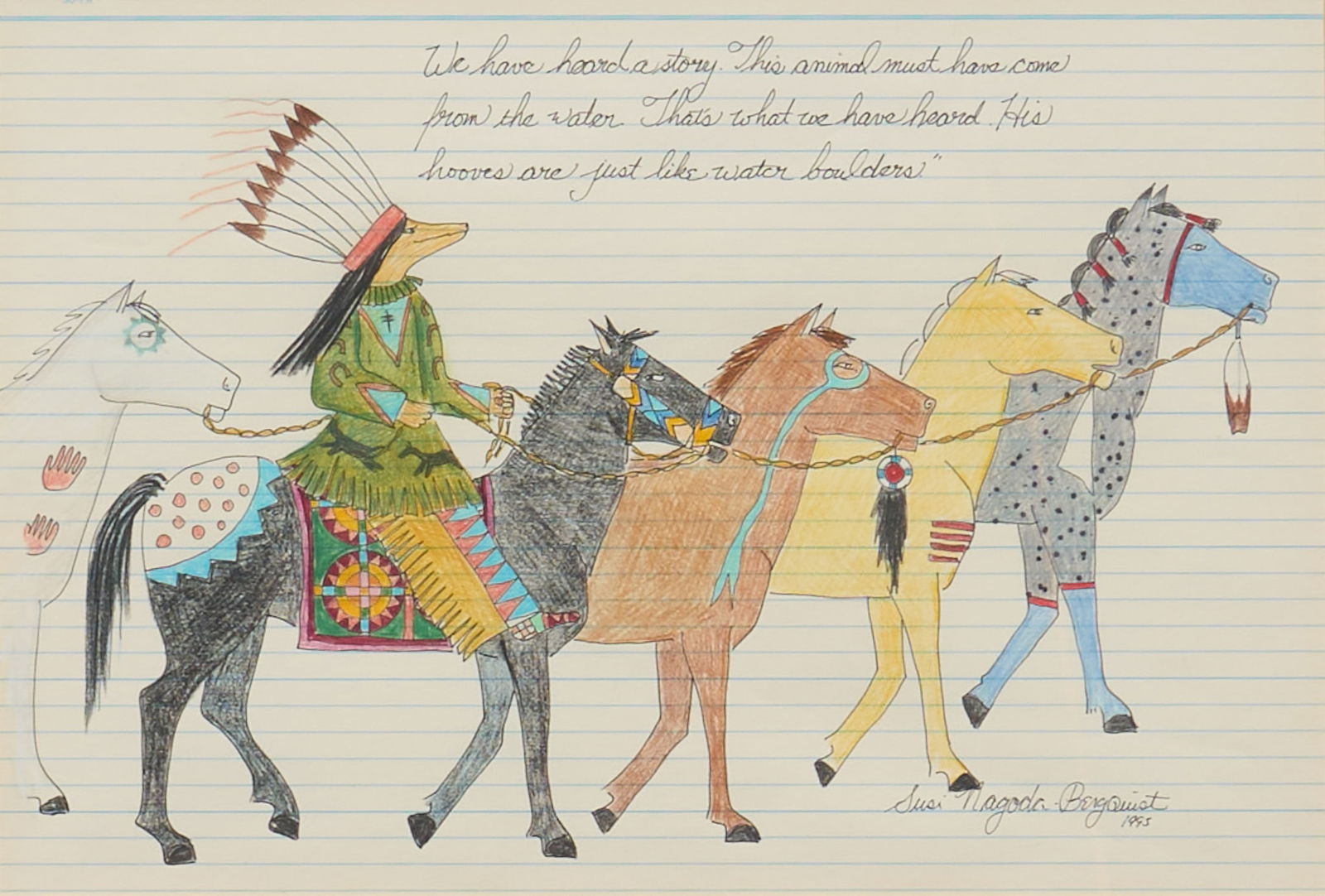 Susi Nagoda Bergquist, "Coyote and First Horses": Susi Nagoda Bergquist (Amer., 20th-21st C.), "Coyote and First Horses", Native American ledger art, ink and colored pencil on papersight: 9 x 13 in., frame: 17 x 21 in.Provenance: