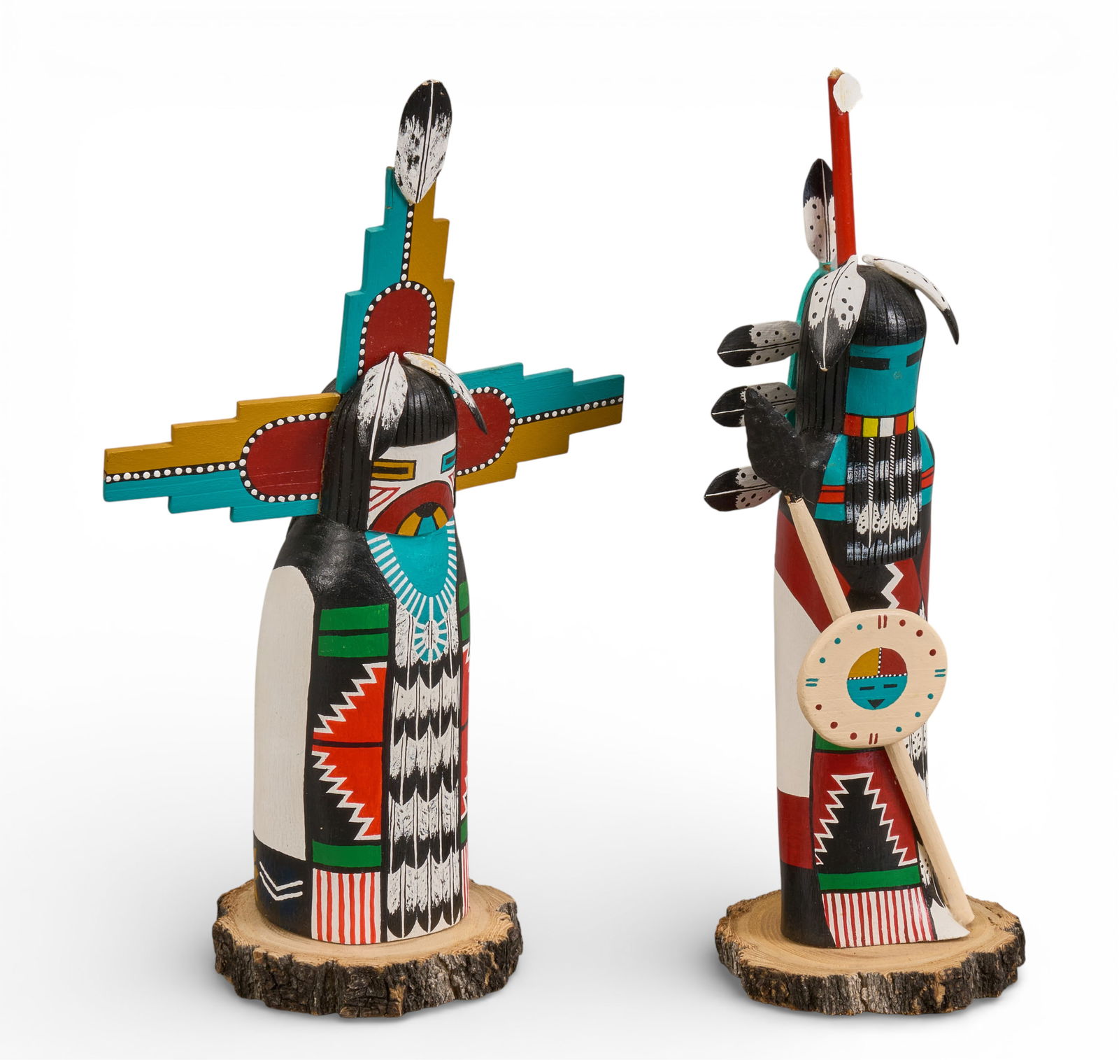 (2) Zuni Maiden Figurines: Set of Zuni figurines, one depicting a Warrior Maiden and the other a Butterfly Maiden, both signed on the underside by Tyrrell Bitah height 10 in. x width 6 in. x depth 3.25 in.