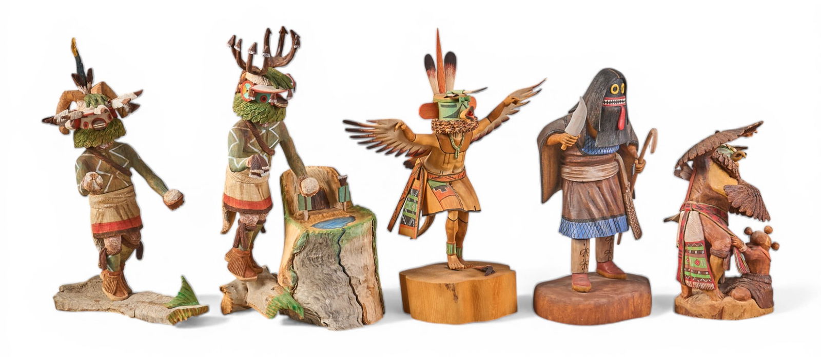 (5) Large Hopi Kachinas: Five large Hopi kachina dolls, composed of carved wood and polychrome detailsheight 16 in. x width 9 in. x depth 8 in. / largestProvenance: Property from the estate of a prominent San Antonio, Texas