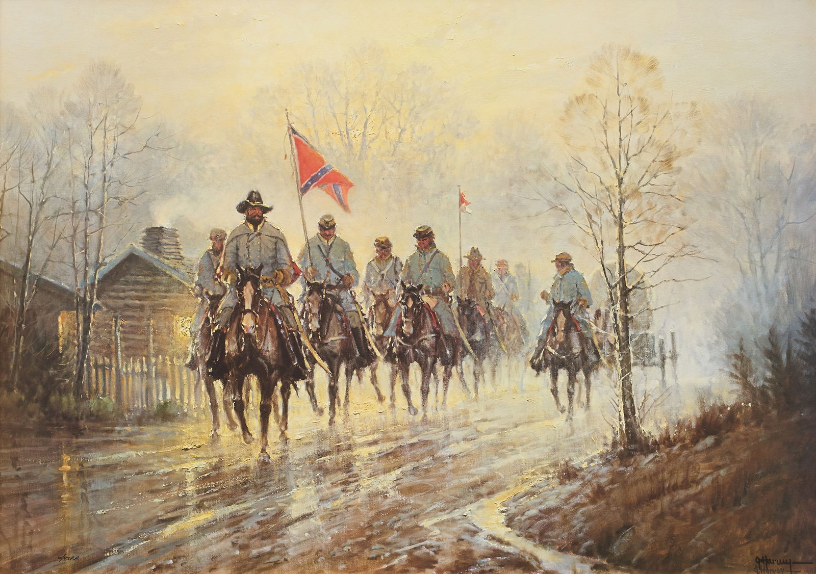 G. Harvey, "Jeb Stuart's Return" with Remarque: G. Harvey (Gerald Harvey Jones, Texas, 1933-2017), "Jeb Stuart's Return", limited edition lithograph, signed and numbered, ed. 6/45 P. P. (printer's proof), with