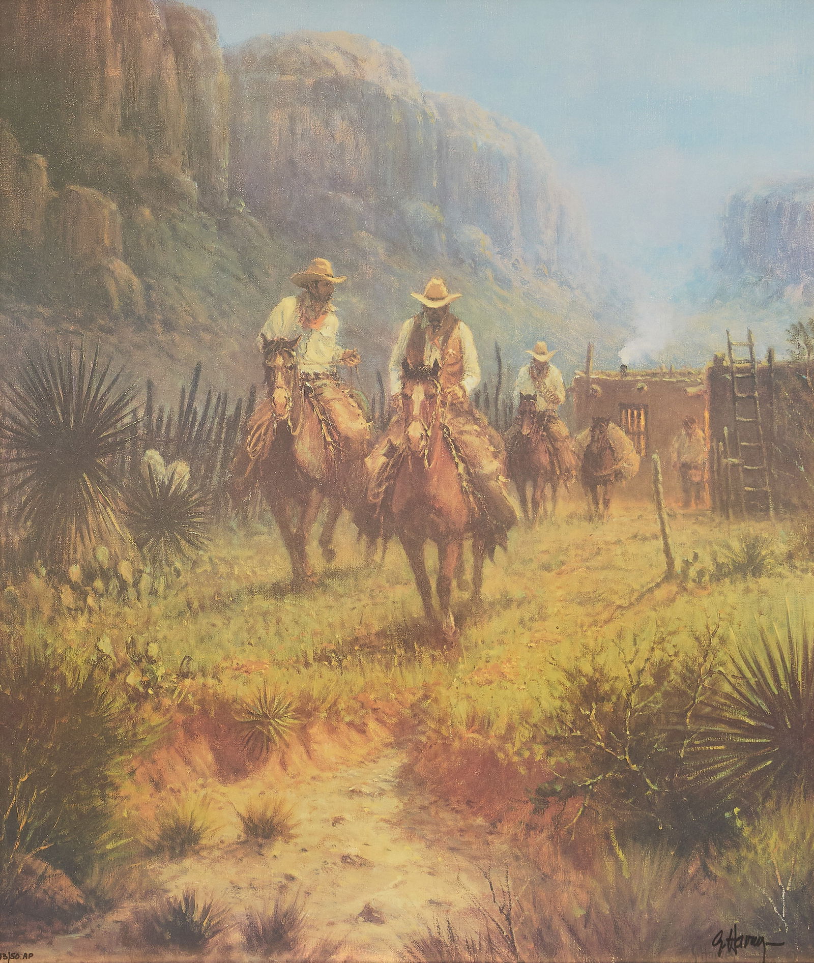 G. Harvey, "Border Patrol": G. Harvey (Gerald Harvey Jones, Texas, 1933-2017), "Border Patrol", limited edition lithograph, signed and numbered, ed. 43/50 A. P. (artist's proof), with signed inscription