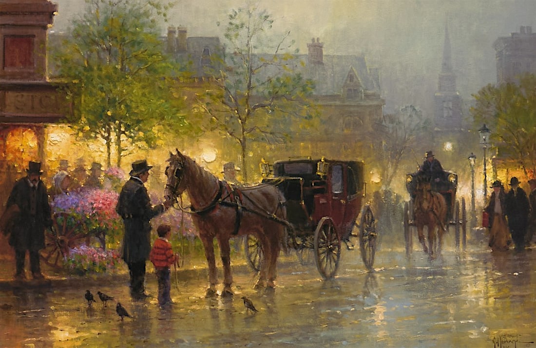 G. Harvey, "Cabbies at the Market": G. Harvey (Gerald Harvey Jones, Texas, 1933-2017), "Cabbies at the Market", limited edition lithograph, signed and numbered lower rightsight: 29 x 20 in., frame: 38 x 48 in.Provenance: