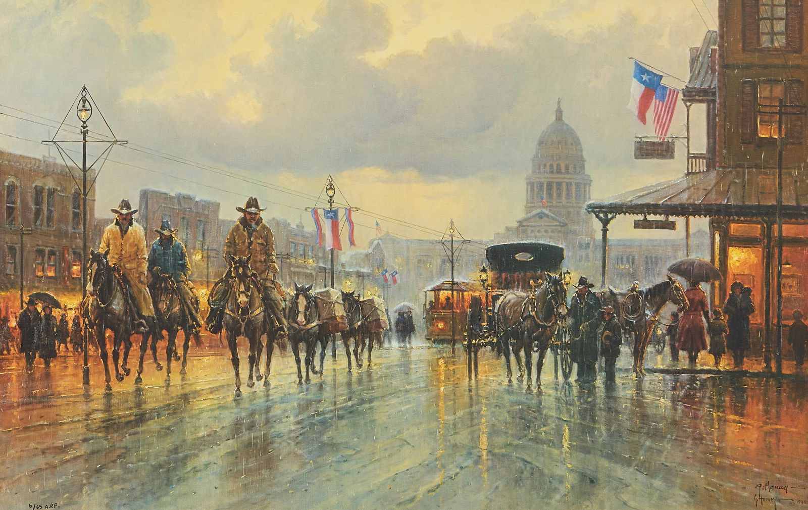 G. Harvey, "Reflections of Yesterday": G. Harvey (Gerald Harvey Jones, Texas, 1933-2017), "Reflections of Yesterday", limited edition lithograph, signed and numbered, ed. 6/65 A. P. P. (artist's printer's