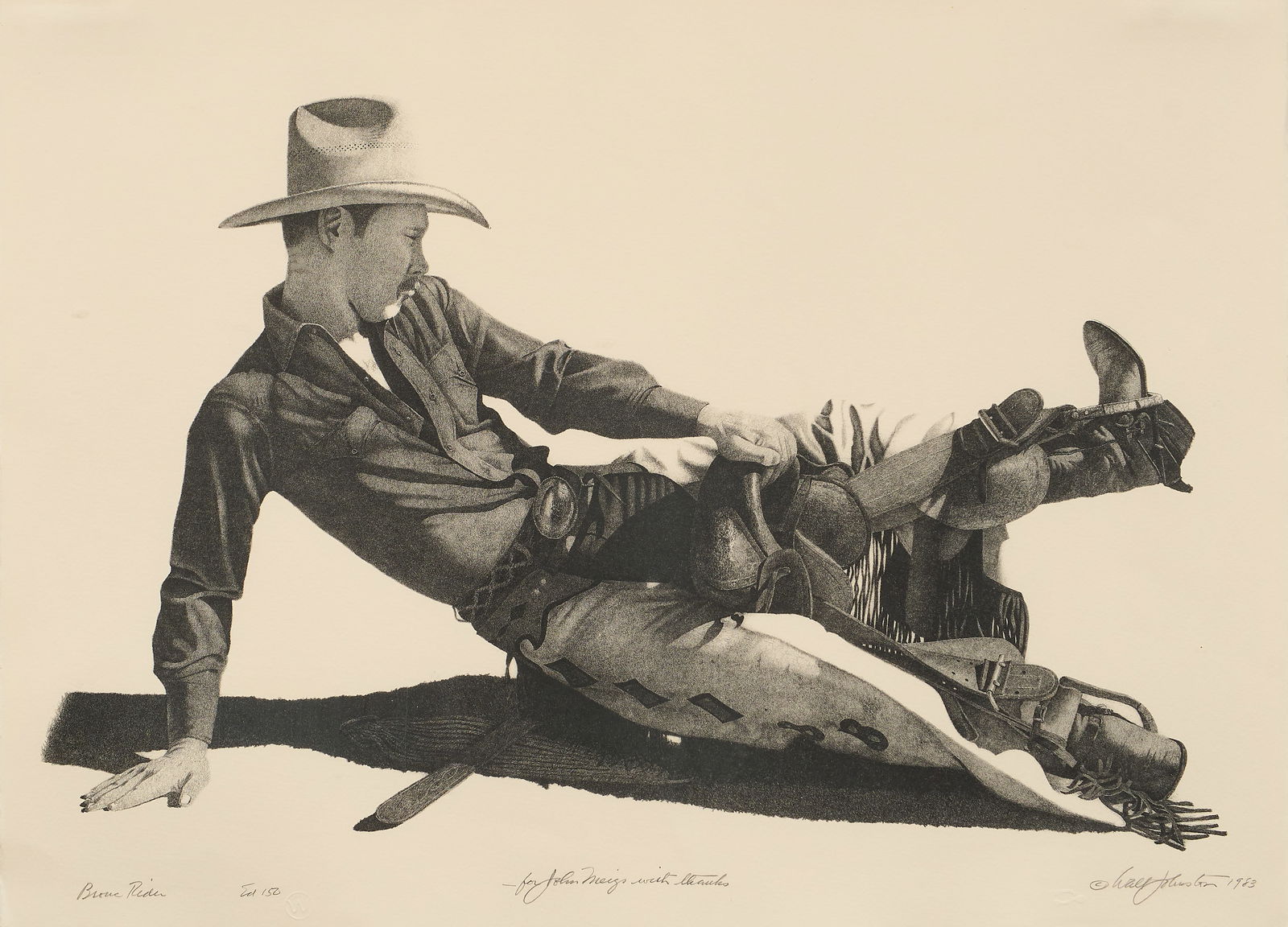 Walt Johnston, "Bronc Rider", 1983: Walt Johnston (Amer., b. 1932), "Bronc Rider", 1983, studio lithograph, signed, titled, dated (1983) and numbered in the lower margin, Ed. 100, inscribed "for John Meigs with