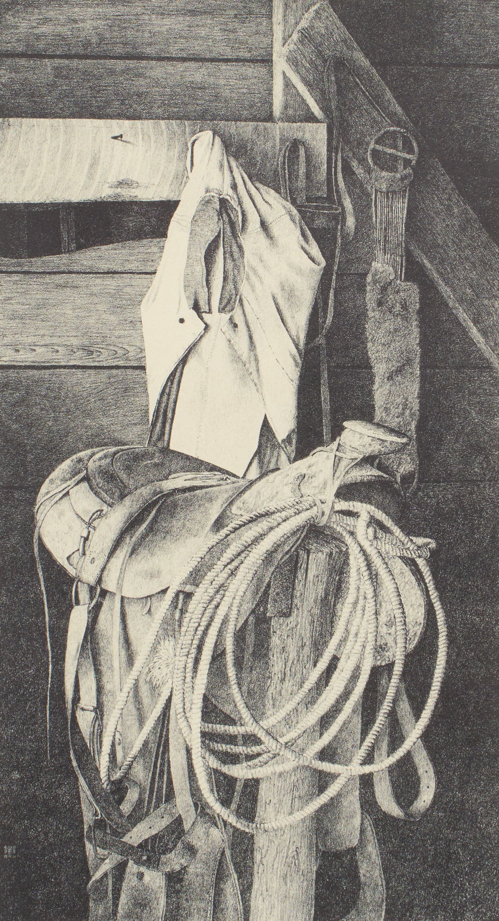 Walt Johnston, "Rain Slicker", 1970: Walt Johnston (Amer., b. 1932), "Rain Slicker", studio lithograph, titled, signed, dated (1970) and numbered in the margin ed. 59/95sight: 15 x 9 in., frame: 23 x 16.5 in.Provenance: