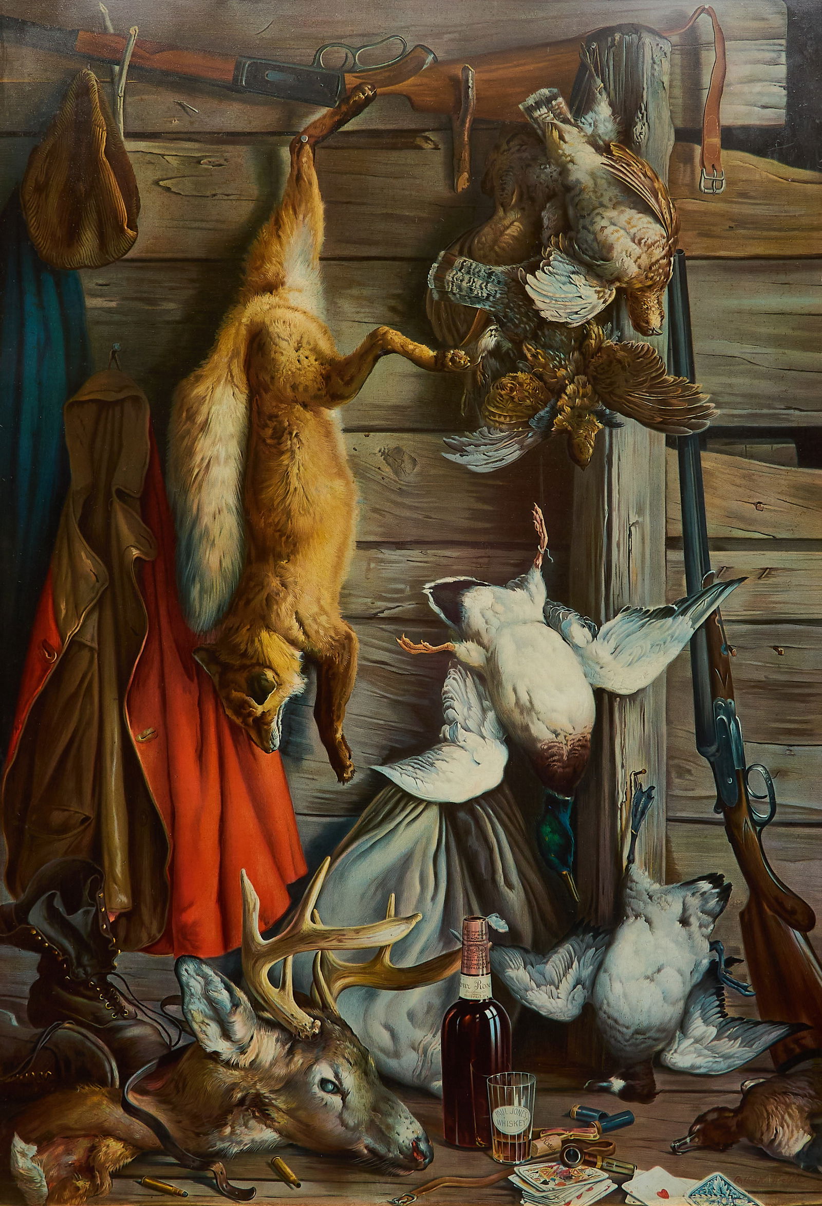 Arthur Woelfle, Hunting Scene: Large impressive vintage print reproduction of hunting trompe-l'oeil still life originally by Arthur William Woelfle (Amer., 1873-1936)sight: 45 x 32 in., frame: 52 x 38 in.Provenance: