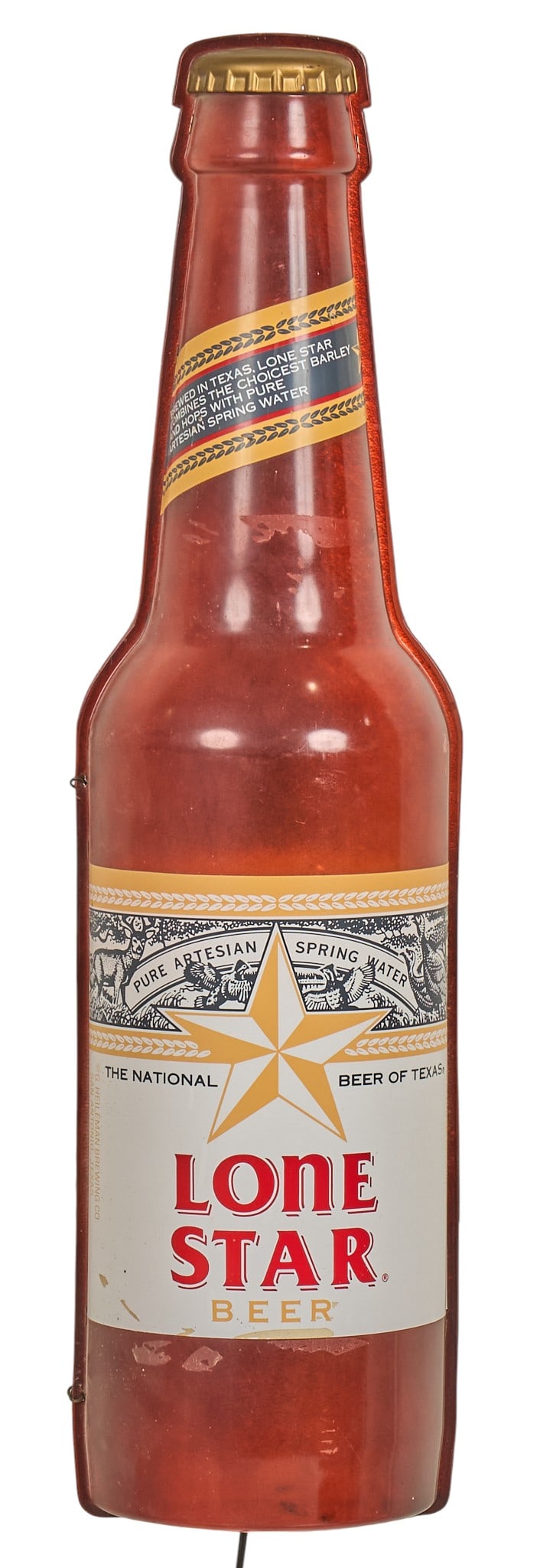 Lone Star Bottle Sign, 1988: Vintage Lone Star Beer hanging plastic bottle lighted sign, circa 1988, in working condition height 9.5 in. x width 37 in. x depth 4.5 in. Provenance: Originally displayed in Dan's Mea
