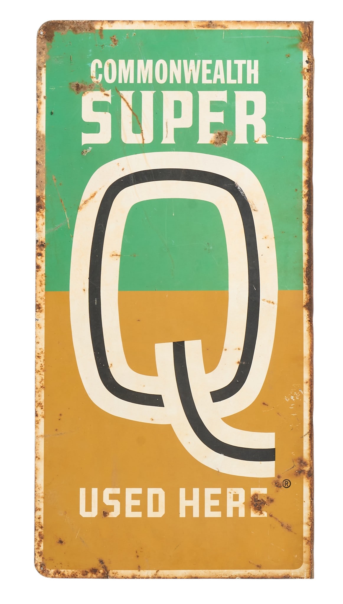 Commonwealth Super Q Flange Sign: Vintage Commonwealth Super Q double-sided painted metal flange sign, circa 20th century height 32 in. x width 16 in. x depth 1.5 in. Provenance: Property from a home in San Antonio, Texas