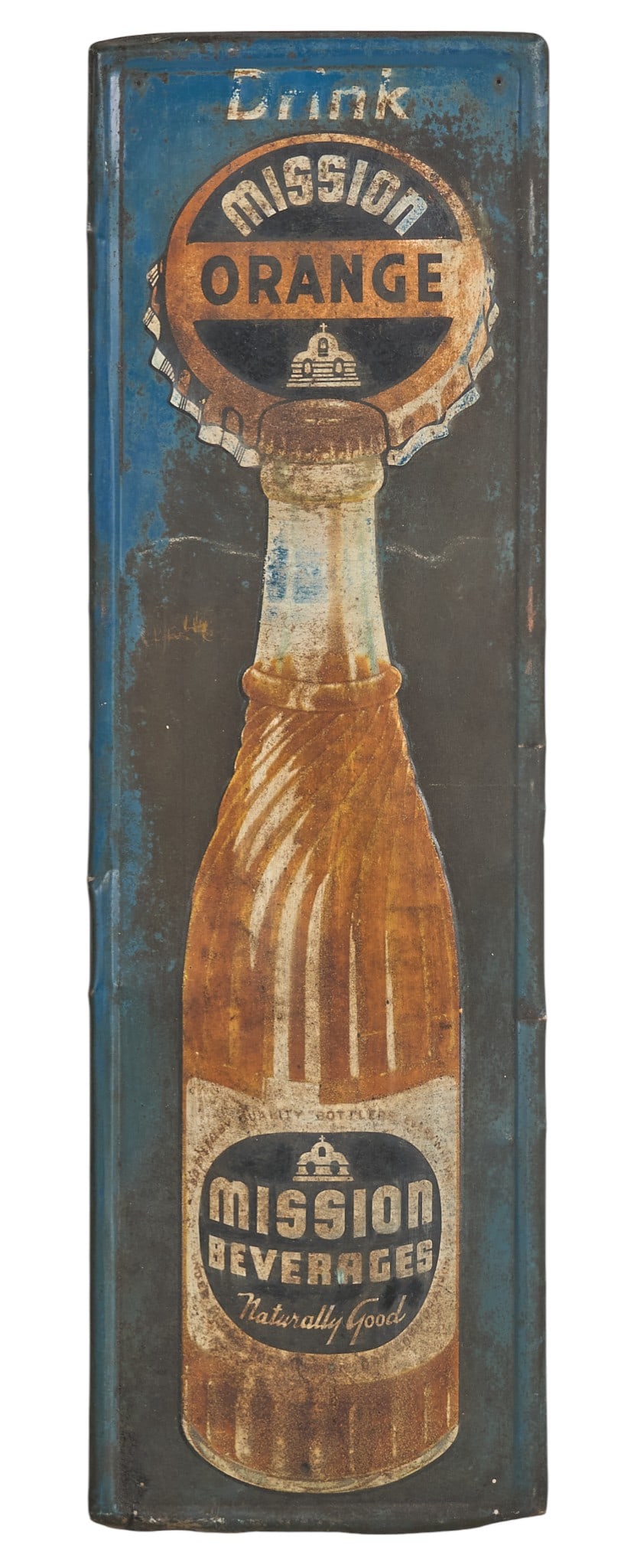 Drink Mission Orange Sign, 20th C.: Vintage advertising sign for Mission Orange Drink, single-sided painted metal, circa 20th century height 47.5 in. x width 14.5 in. Provenance: Property from a home in San Antonio, Texas 