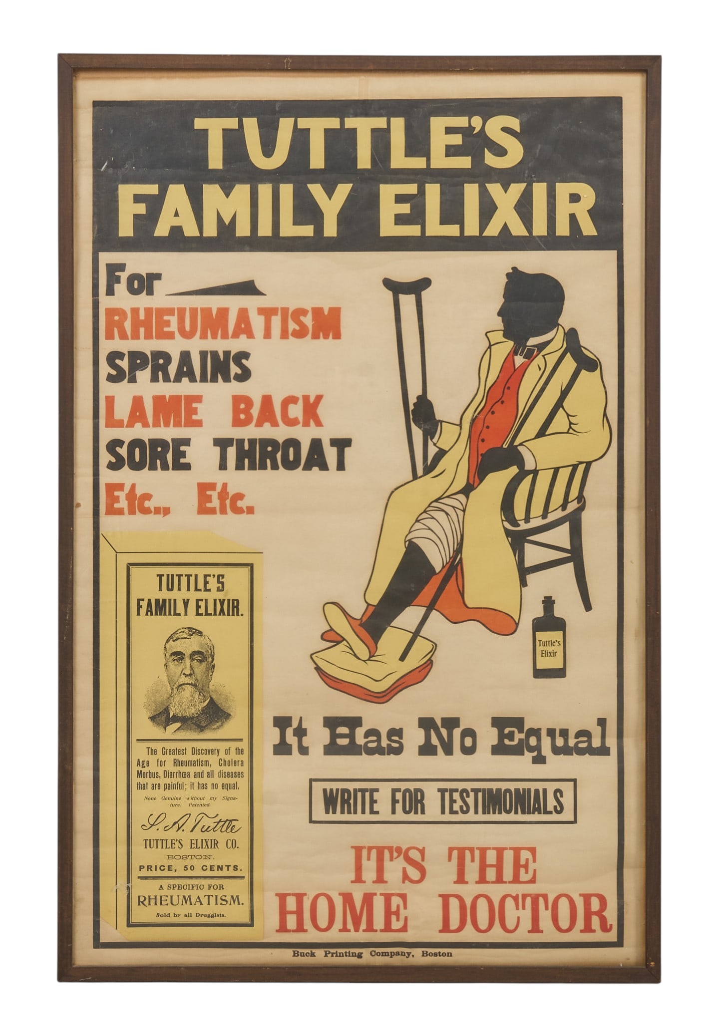 Framed Tuttle's Family Elixir Advertisment: Framed vintage advertisement poster for Tuttle's Family Elixir, circa late 19th century to early 20th century height 48 in. x width 31 in. x depth 1.5 in. Provenance: Property from a ho