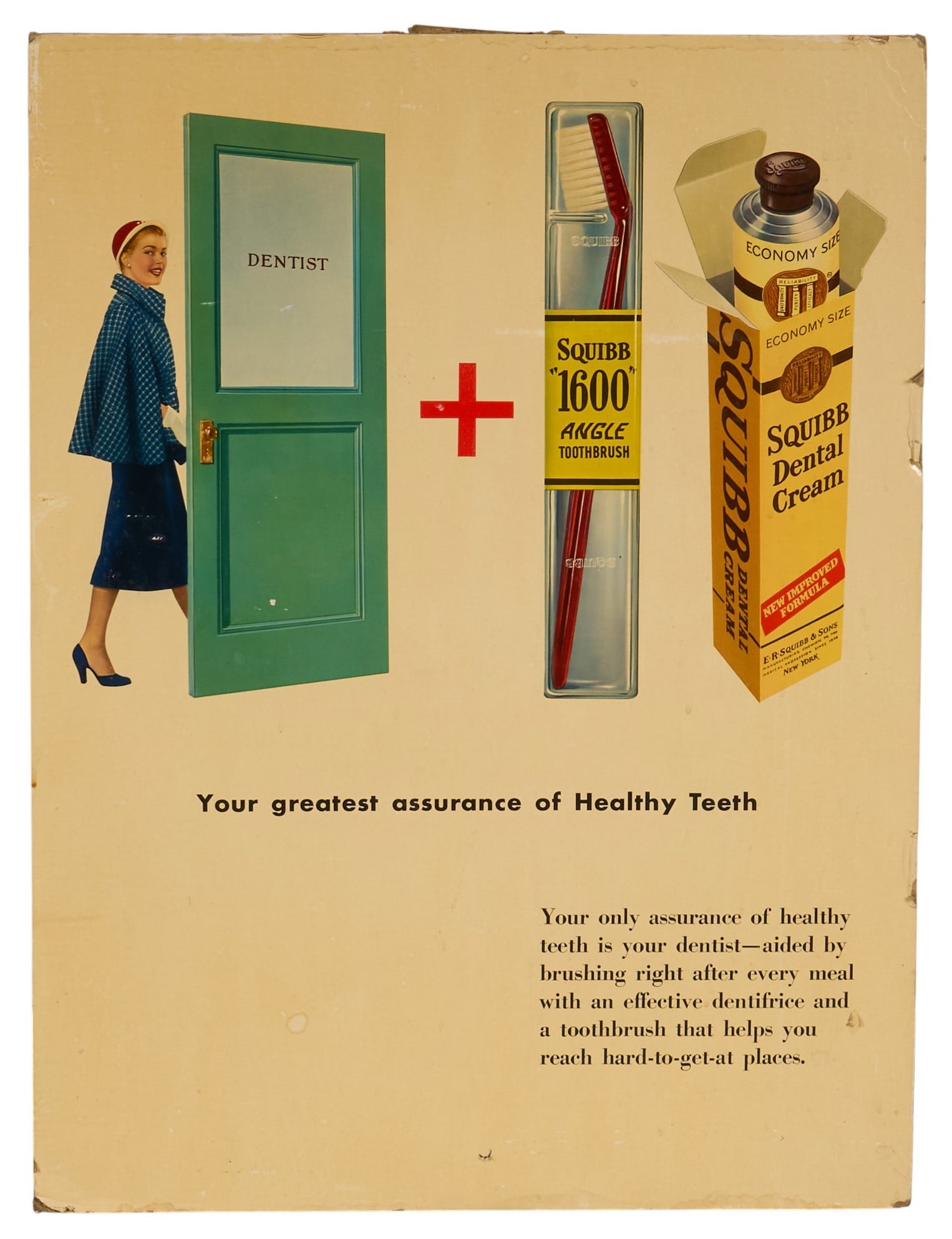 Vintage Squibb Dental Cream Window Display: Vintage cardboard window display for Squibb's Dental Cream, circa mid-20th century height 32 in. x width 24 in. Provenance: Property from a home in San Antonio, Texas