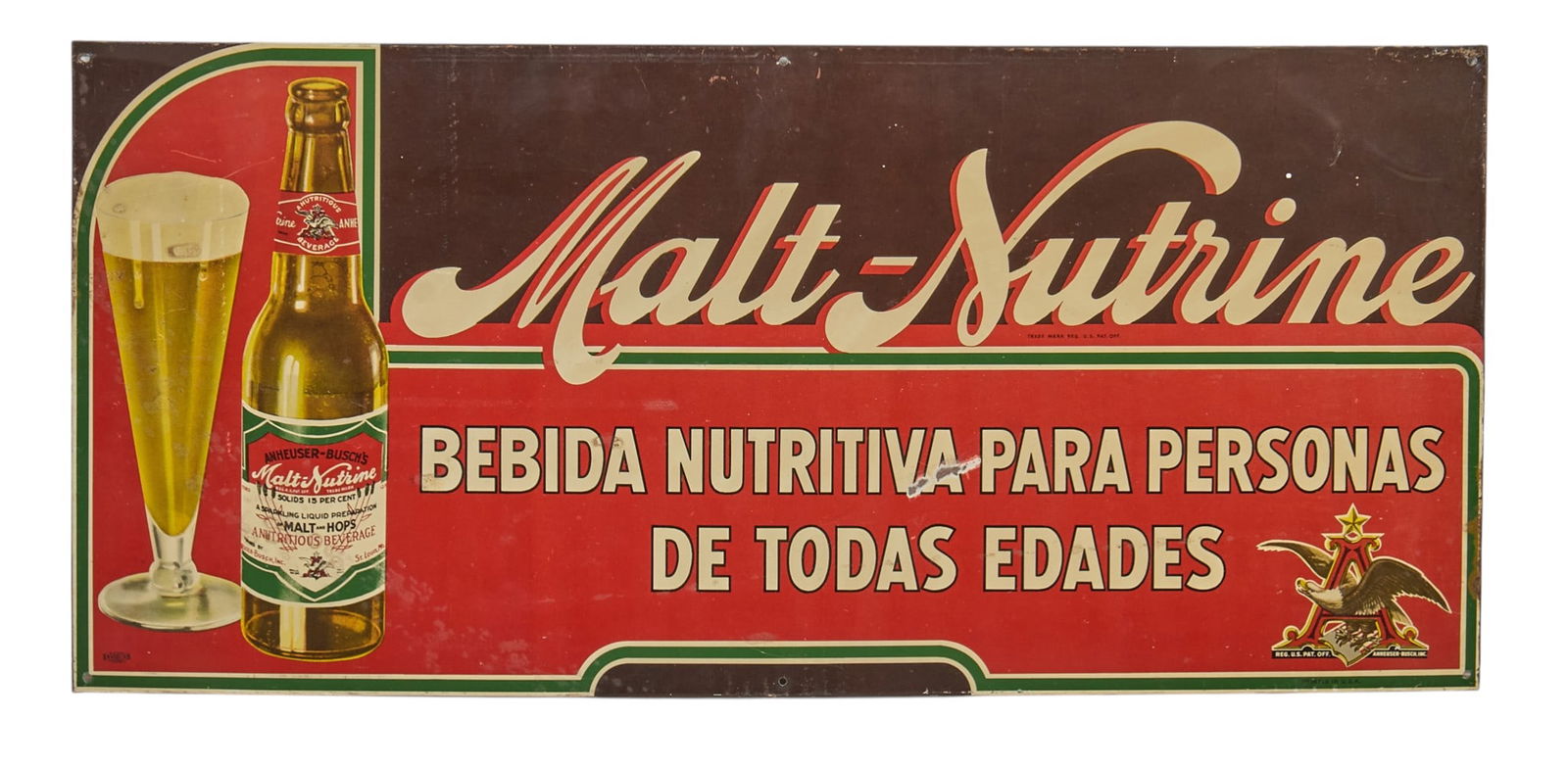 Anheuser Busch Malt-Nutrine Advertising Sign: Vintage Anheuser Busch Malt-Nutrine advertising sign, single-sided painted metal, with Spanish text "Bebida Nutritiva Para Personas De Todas Edades" (Nutritious Drink for People of All Ages)