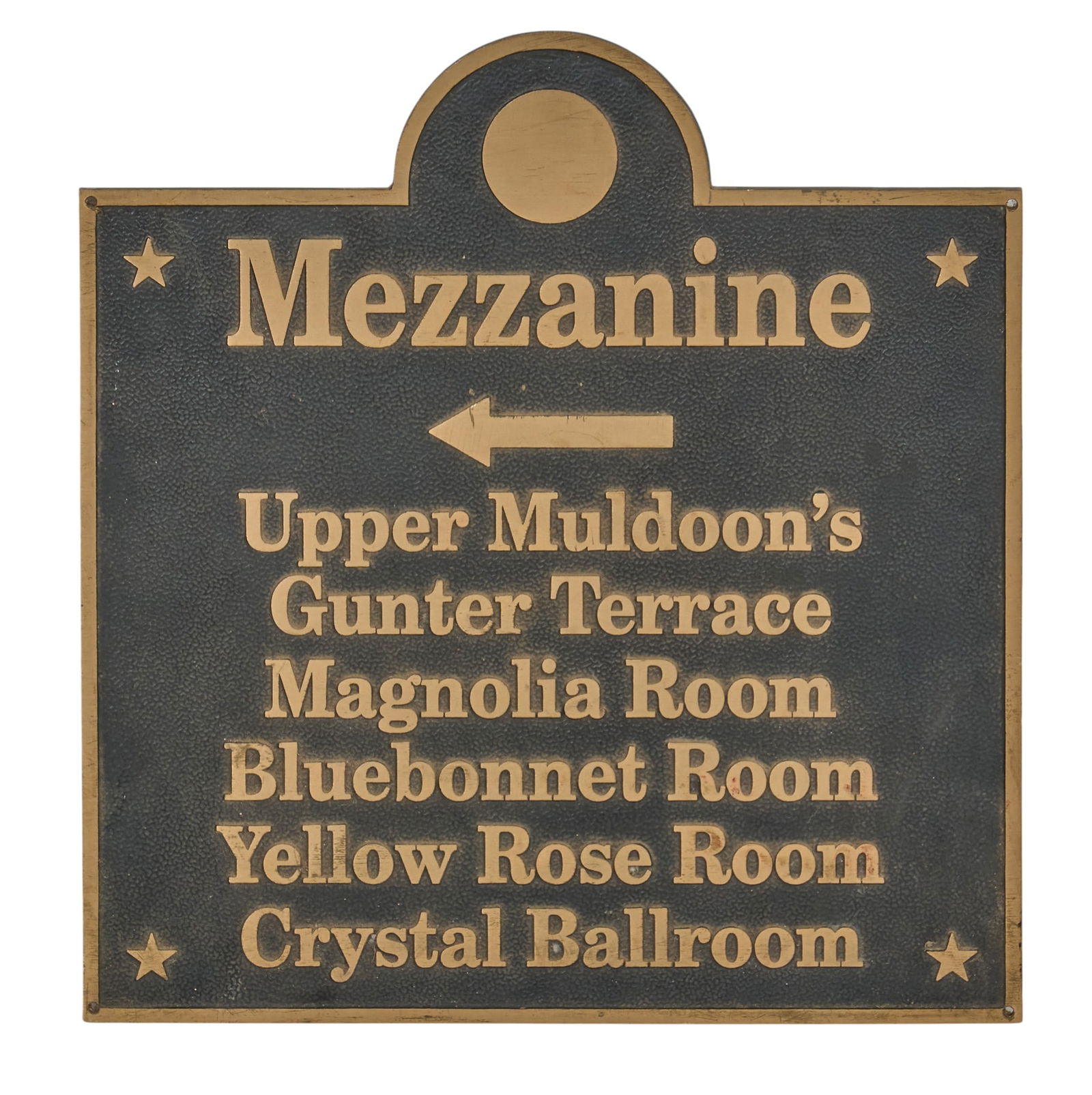 Mezzanine Hotel Sign: Iron wayfinding sign from the Nezzanine by La Zebre Hotel in Tulum, Mexico, with raised lettering height 17 in. x width 16 in. x depth .5 in. Provenance: Property from a home in San Antonio, Texas &nb