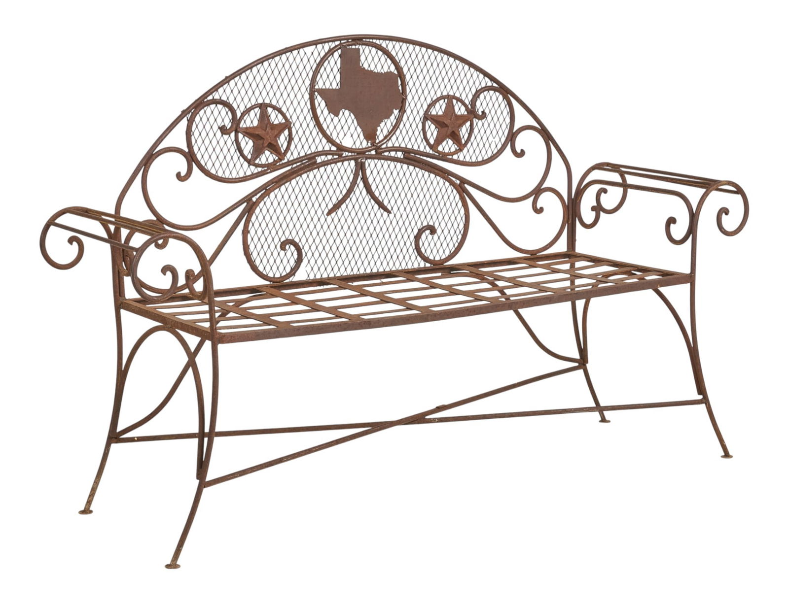 Texas Iron Garden Bench: Rustic iron garden bench with scrolled, and grated details, decorated with Texas state and barn star motifsheight 39 in. x width 61 in. x depth 18 in. Provenance: Property from a home in San