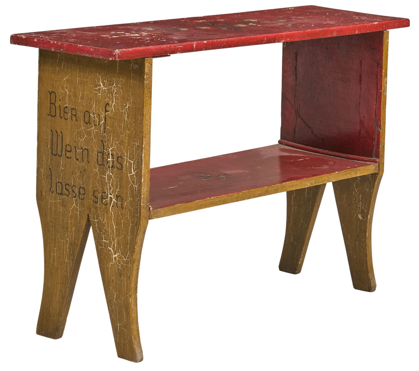 Painted German Folk Art Bench: Vintage German folk art bench with red painted top and shelf, with humorous message "Bier auf Wein das lasse sein" (Beer before wine, that's a no-go), circa 20th century height 25 in. x