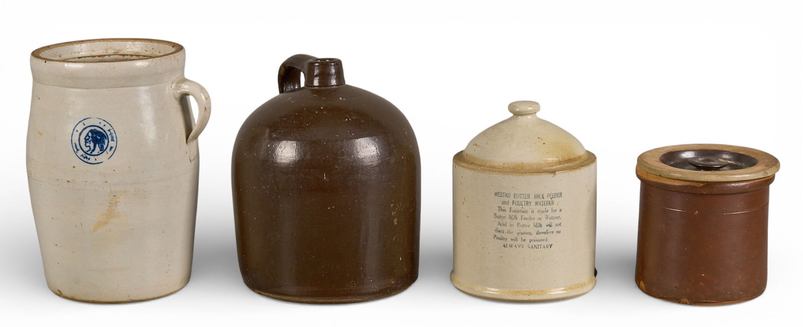 (4) Stoneware Jugs and Crocks: Four stoneware vessels, including jugs and crocks of varying sizes and glazesheight 12 in. x width 8 in. x depth 7.5 in. Provenance: Property from a home in San Antonio, Texas