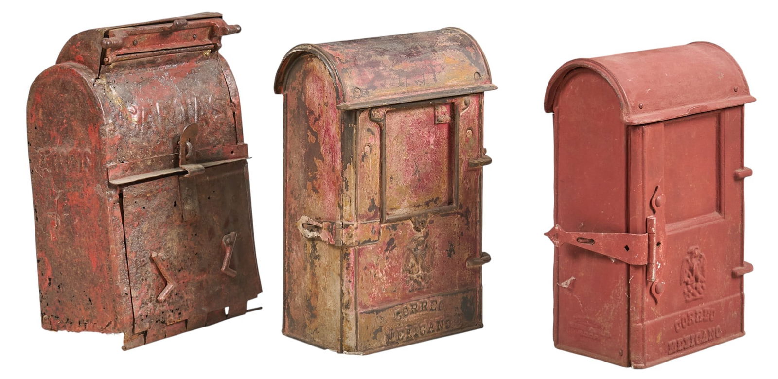 (3) Mexican Metal Letter Boxes: Three vintage Mexican letter boxes, with one pressed steel, and two iron, with varying conditionsheight 21 in. x width 13.5 in. x depth 9 in.Provenance: Property from a home in Laredo, Texas