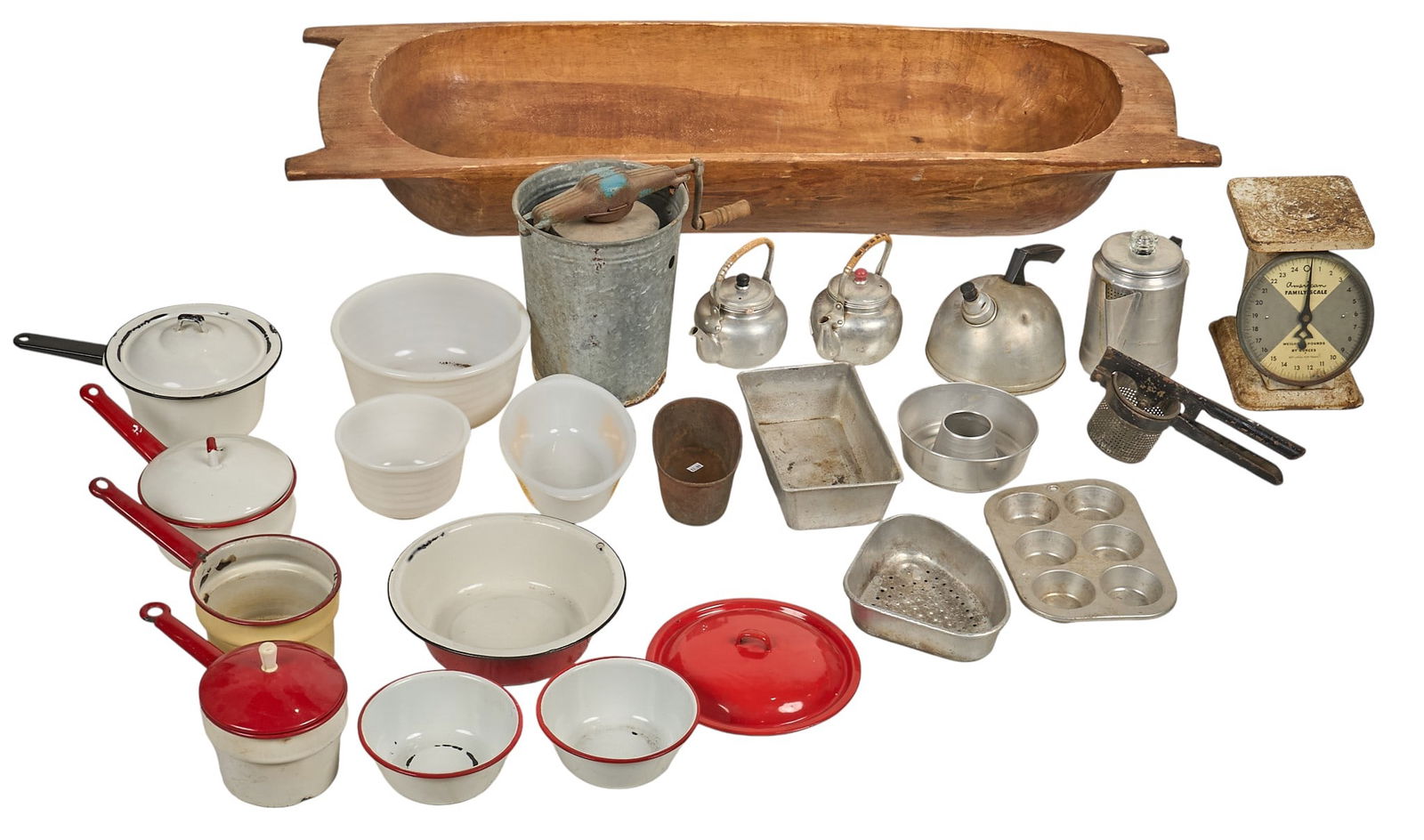 Dough Tray & Kitchen Items: Rustic wooden dough tray and collection of vintage enameled kitchenwareheight 7 in. x width 46 in. x depth 17 in. / trayProvenance: Property from a home in Azle, Texas