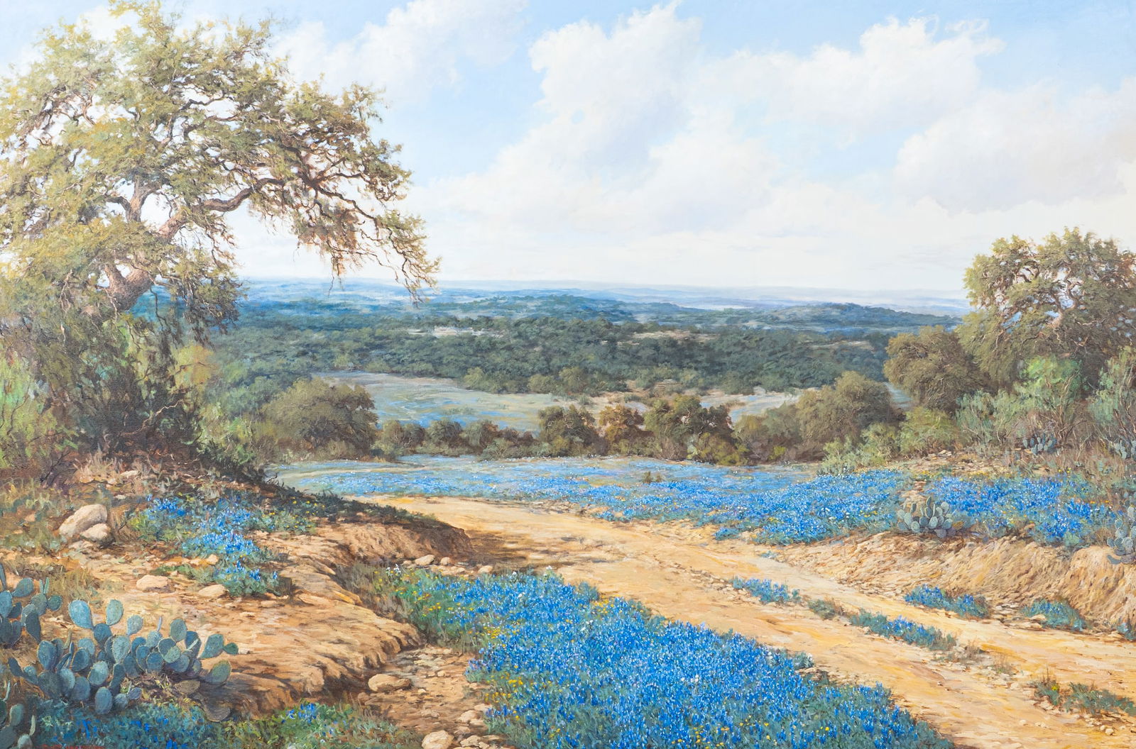 Robert Harrison, "Texas Trail": Robert Harrison (Texas, b. 1949), "Texas Trail", bluebonnet landscape painting, oil on canvas, signed lower left sight: 72 x 108 in., frame: 85 x 121 in. Provenance: Property