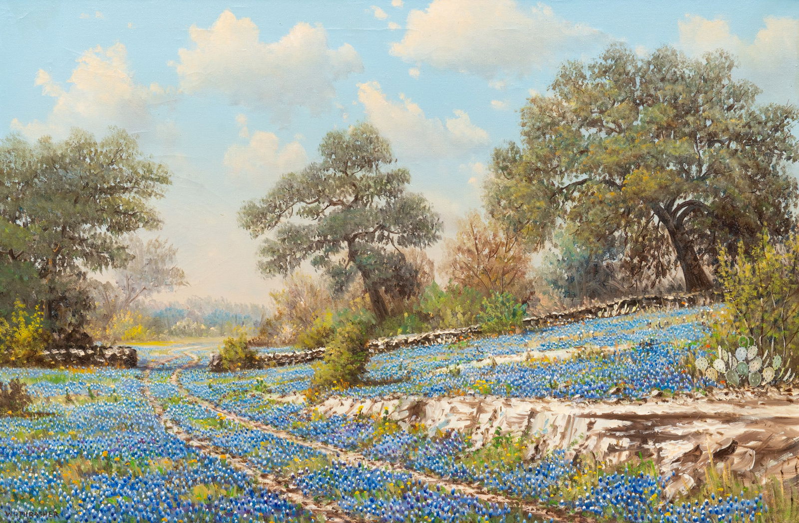 W. R. Thrasher, Bluebonnet Landscape: William Robert Thrasher (Texas, 1908-1977), Texas bluebonnet landscape with low stone wall, oil on canvas, signed lower leftsight: 24 x 36 in., frame: 32 x 44 in.Provenance: Property