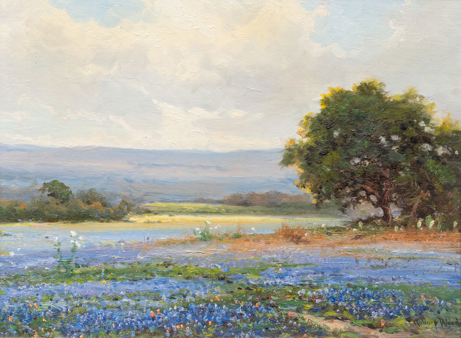 Robert Wood, "Near San Antonio, Texas": Robert Wood (Texas / California, 1889-1979), "Near San Antonio, Texas", bluebonnet landscape, oil on canvas panel, signed lower rightsight: 12 x 16 in., frame: 19 x 23