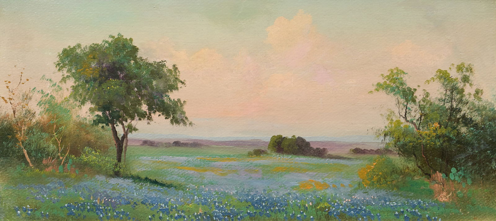 Robert Wood, "Buckeye" Landscape: Robert Wood (Texas / California, 1889-1979), Texas bluebonnet "buckeye" (unsigned landscape study), with live oak near San Antonio, oil on panel, circa 1930, with letter of authentication
