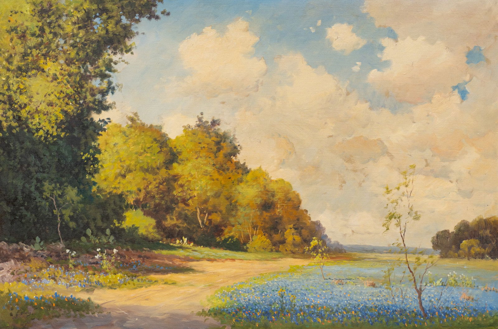 Robert Wood, Bluebonnet Landscape: Robert Wood (Texas / California, 1889-1979), bluebonnet landscape, oil on canvas, signed lower left with Wood's most-used pseudonym, "G. Day", with brass plaque reading "In memory