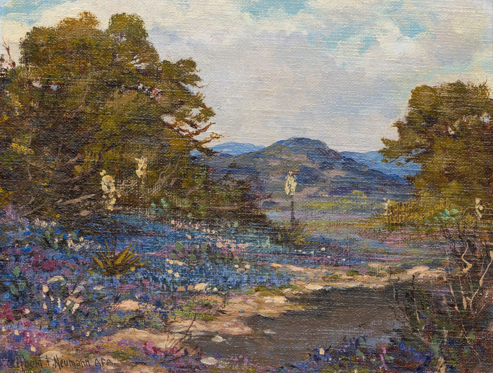 Gilbert Neumann, Bluebonnet Landscape: Gilbert Franz Neumann (Texas, 1906-1970), bluebonnet landscape, oil on canvas panel, signed lower leftsight: 11 x 14 in., frame: 14.5 x 17.5 in.Provenance: Property from a home in