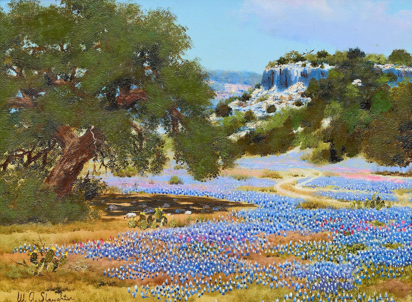 William Slaughter, Bluebonnets and Cliffs: William A. Slaughter (Texas, 1923-2003), landscape with bluebonnets, oak tree, and mesa, oil on canvas, signed lower leftsight: 12 x 16 in., frame: 19 x 23 in.Provenance: Property from a