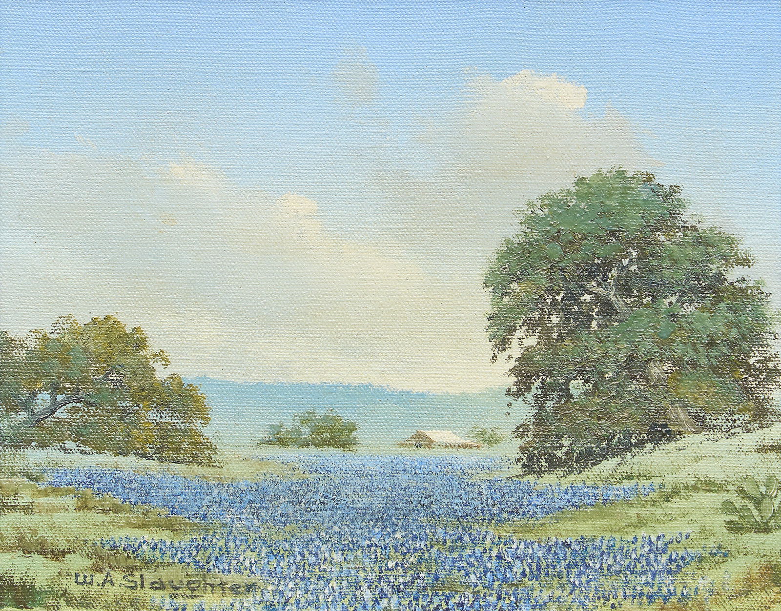 William Slaughter, Bluebonnet Landscape: William A. Slaughter (Texas, 1923-2003), early bluebonnet landscape, oil on canvas, signed lower leftsight: 8 x 10 in., frame: 14.5 x 16.5 in.Provenance: Property from a Kerens, Texas