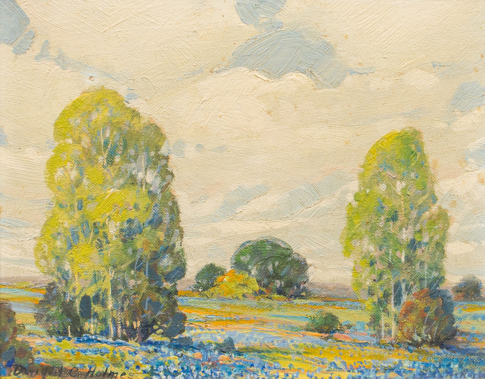 Dwight Clay Holmes, Bluebonnet Landscape: Dwight Clay Holmes (Texas / California, 1900-1986), bluebonnnet landscape, oil on canvas panel, signed lower leftsight: 8 x 10 in., frame: 12.5 x 14.5 in.Provenance: Property from a home in